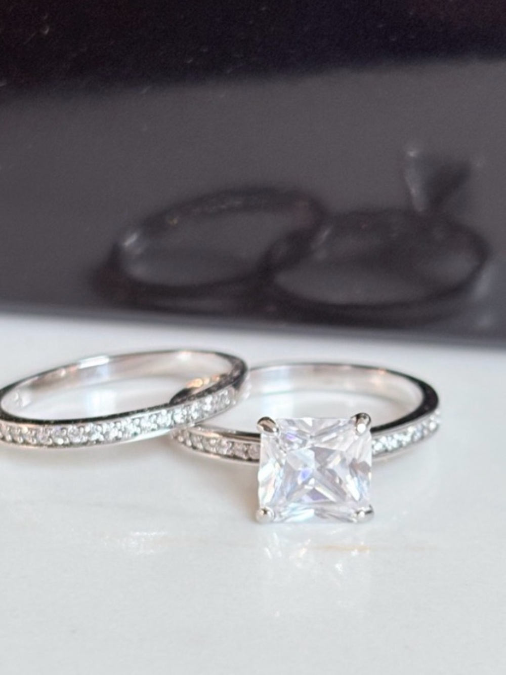 Avon Sterling Silver Princess Cut Pavé Bridal Ring Set Size 8 NIB